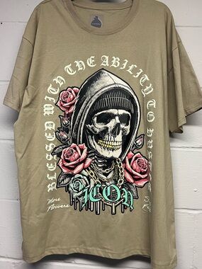 Launder Skull & Roses Graphic T-shirt. - Khaki. Legend Icon. Size 2XL